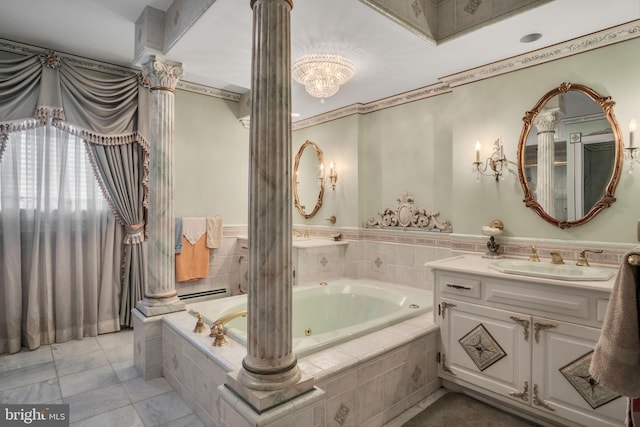 bathroom featuring vanity, a baseboard heating unit, an inviting chandelier, tile patterned flooring, and tiled tub