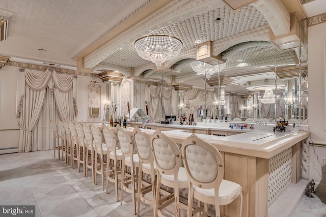 bar featuring a notable chandelier, decorative light fixtures, brick ceiling, and a baseboard radiator