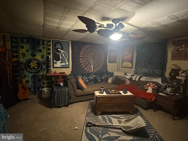 interior space featuring carpet and ceiling fan