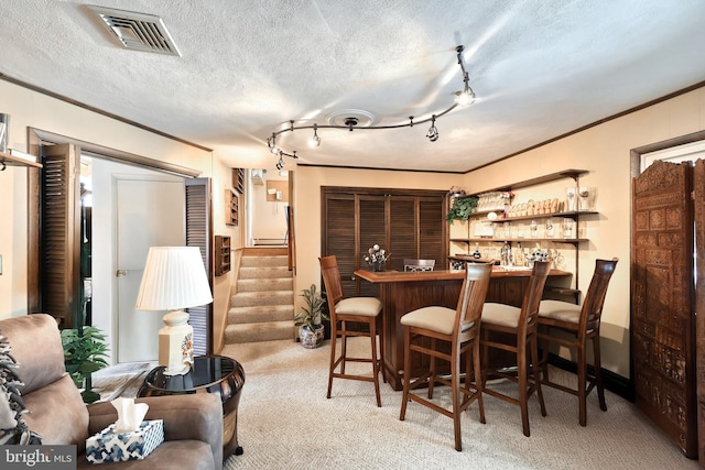 bar with light colored carpet, a textured ceiling, crown molding, and track lighting