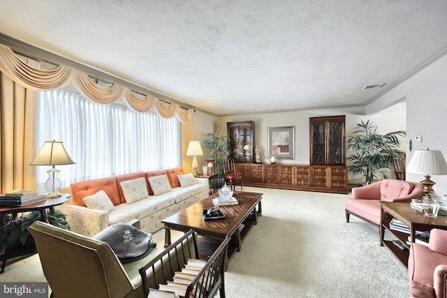 living room featuring ornamental molding and light colored carpet