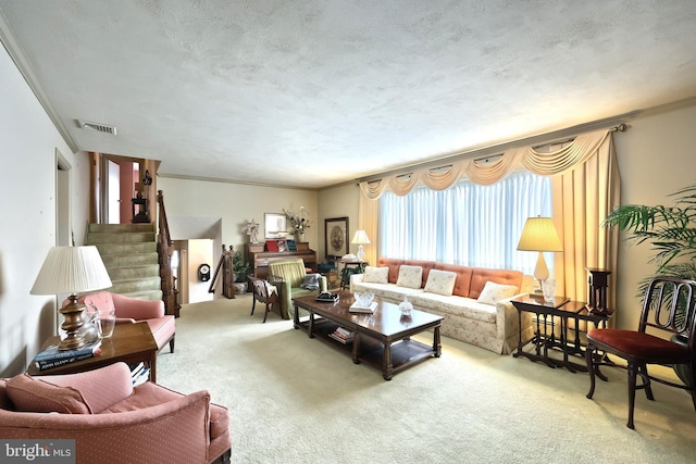 carpeted living room featuring crown molding