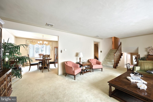 living room with light colored carpet, crown molding, and a chandelier