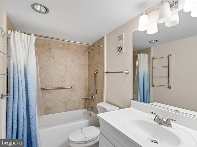 full bathroom with shower / tub combo, vanity, and toilet