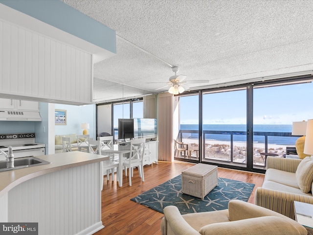 living room with a wealth of natural light, expansive windows, and hardwood / wood-style floors