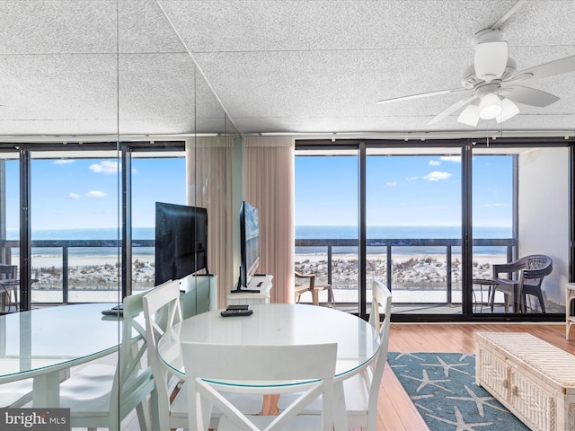 dining room with plenty of natural light, expansive windows, and ceiling fan