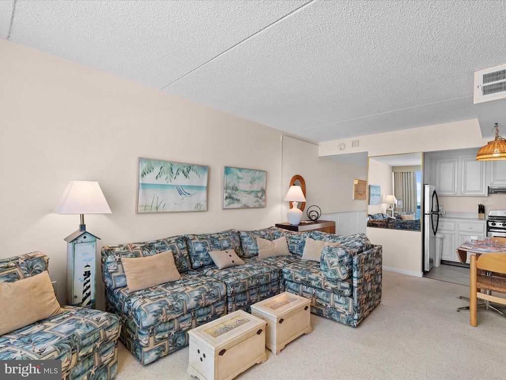 living room featuring a textured ceiling and light colored carpet