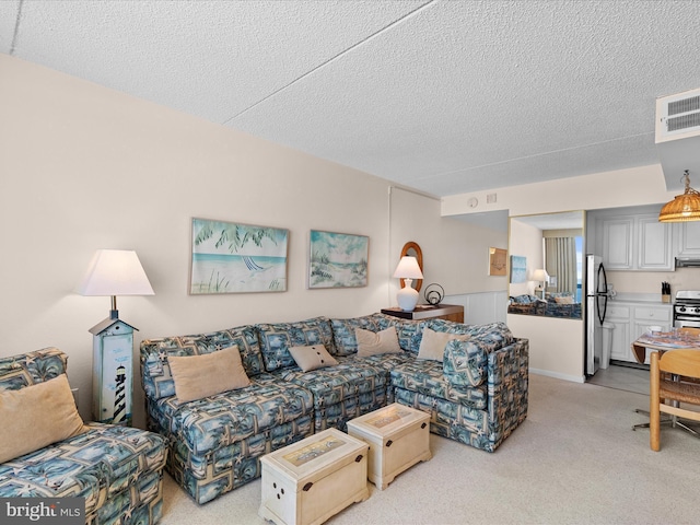 living room featuring a textured ceiling and light colored carpet