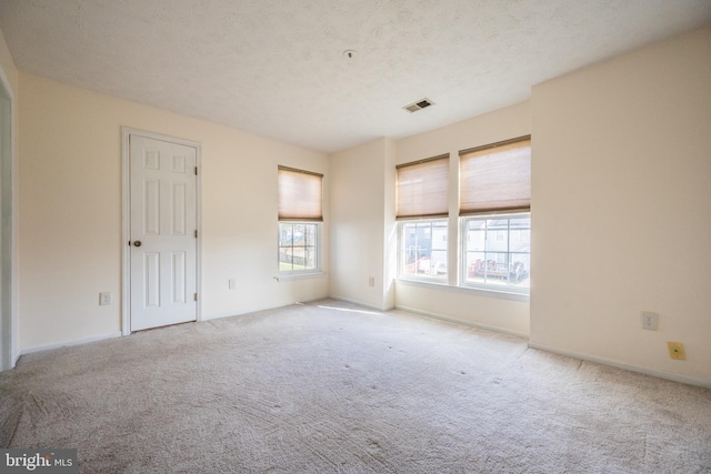 spare room featuring light carpet and a textured ceiling