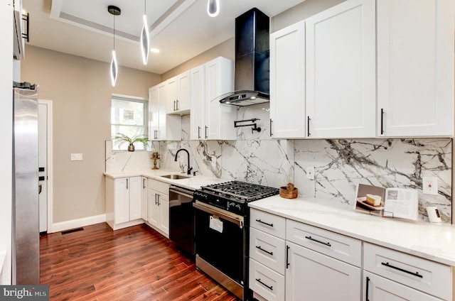 1324 Aisquith St, Baltimore, MD 21202 - kitchen featuring wall chimney range hood, a sink, gas range oven, dark wood-style flooring, and dishwashing machine