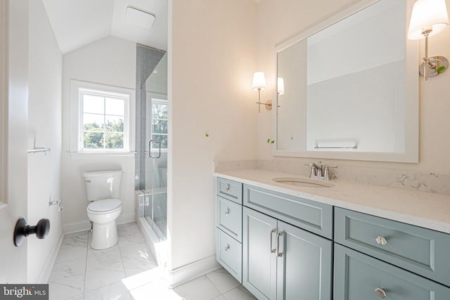 bathroom with vanity, toilet, an enclosed shower, and vaulted ceiling