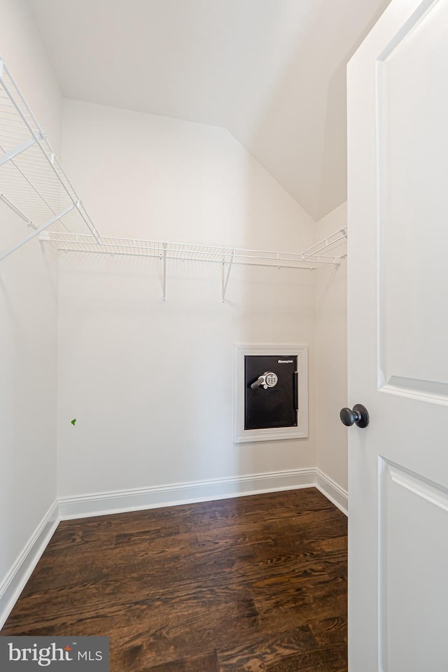 spacious closet featuring dark hardwood / wood-style flooring and lofted ceiling