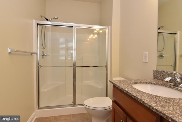 bathroom with tile patterned floors, toilet, an enclosed shower, and vanity