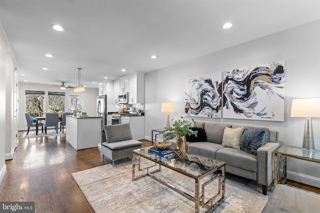 living room with dark hardwood / wood-style flooring