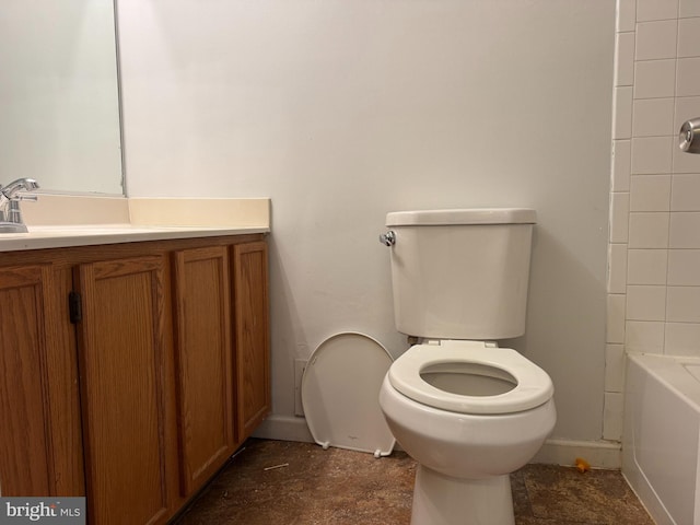 full bathroom with separate shower and tub, vanity, and toilet