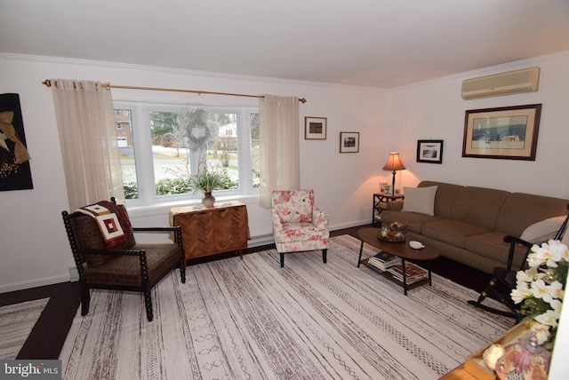 living room with an AC wall unit, crown molding, and wood-type flooring