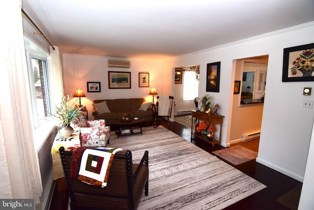 living room with a wall mounted AC, a wealth of natural light, dark hardwood / wood-style floors, and baseboard heating