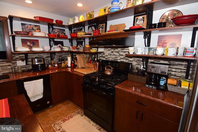 interior space featuring dishwasher, tasteful backsplash, black range with gas cooktop, dark brown cabinets, and custom range hood