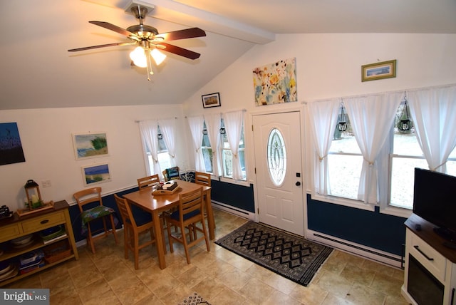 foyer entrance with baseboard heating, ceiling fan, and lofted ceiling with beams