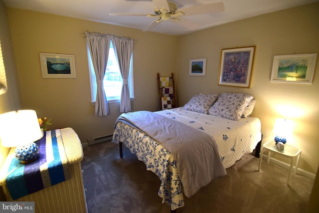 carpeted bedroom with ceiling fan and a baseboard radiator