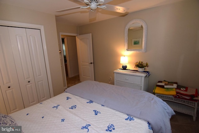 bedroom featuring a closet and ceiling fan