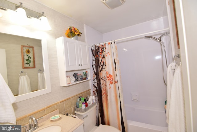 full bathroom with backsplash, vanity, shower / bathtub combination with curtain, tile walls, and toilet