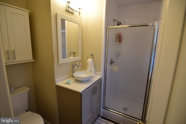 bathroom with vanity, a shower with shower door, and toilet