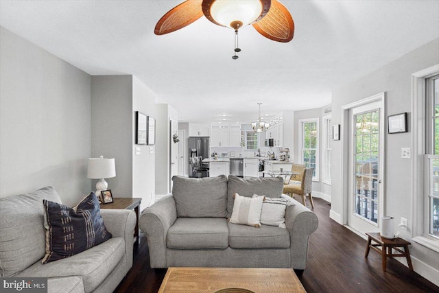 living room with dark hardwood / wood-style floors and ceiling fan with notable chandelier