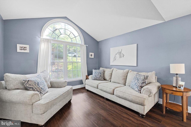 living room featuring dark hardwood / wood-style floors, a wealth of natural light, and vaulted ceiling