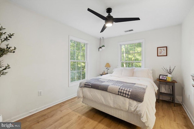 bedroom with ceiling fan and light wood-type flooring