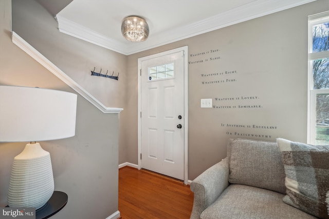 foyer with hardwood / wood-style floors and crown molding