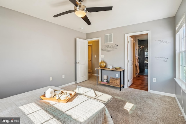 bedroom with carpet floors, a spacious closet, a closet, and ceiling fan