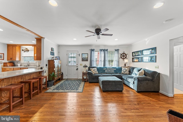 living room featuring ornamental molding, plenty of natural light, and wood finished floors