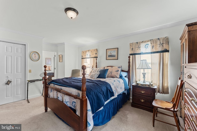 bedroom featuring crown molding and light colored carpet