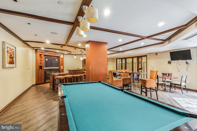 playroom featuring coffered ceiling, light hardwood / wood-style flooring, indoor bar, and billiards