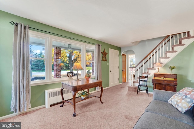 carpeted living room featuring plenty of natural light and radiator heating unit