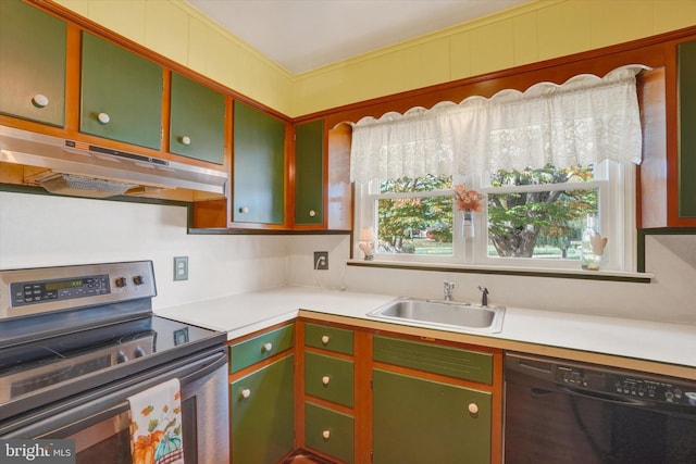 kitchen with a wealth of natural light, stainless steel electric range oven, dishwasher, sink, and range hood