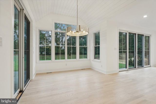 unfurnished dining area with light wood-type flooring, wood ceiling, lofted ceiling, and a notable chandelier