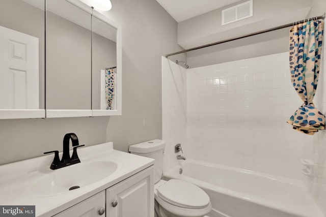 full bathroom with vanity, toilet, and shower / bathtub combination with curtain