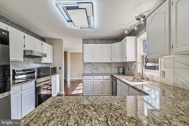 kitchen with white cabinetry, sink, light stone countertops, dark wood-type flooring, and stainless steel range with electric stovetop