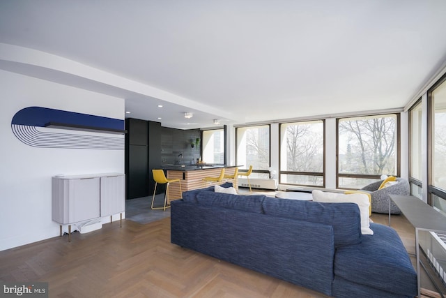 living room with dark parquet floors and sink