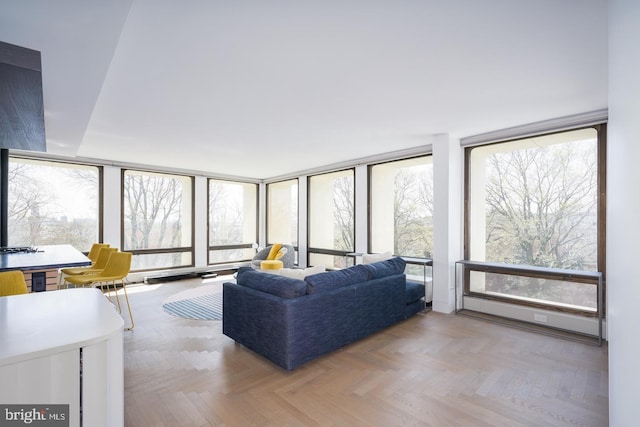 living room featuring expansive windows, a wealth of natural light, and light parquet flooring