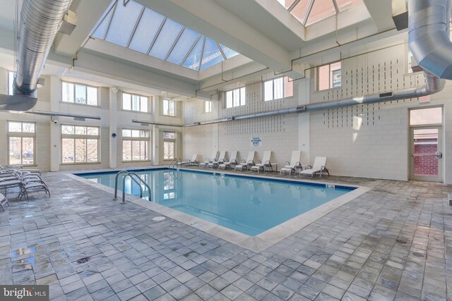 view of pool featuring a skylight