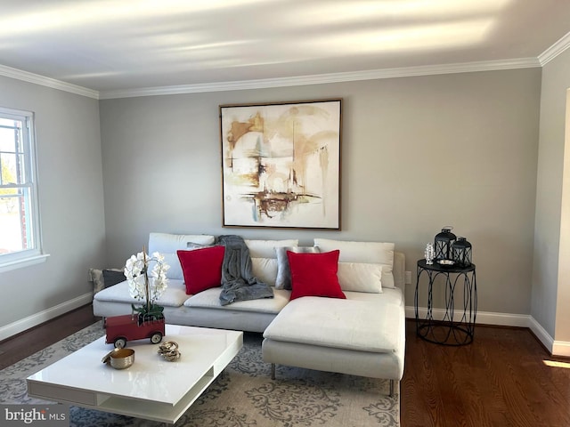 living room with dark hardwood / wood-style flooring and ornamental molding