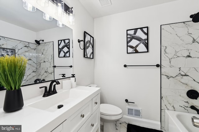 full bathroom with toilet, vanity, and tiled shower / bath combo