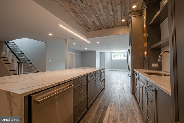 kitchen featuring stainless steel dishwasher, light stone countertops, sink, and wood ceiling