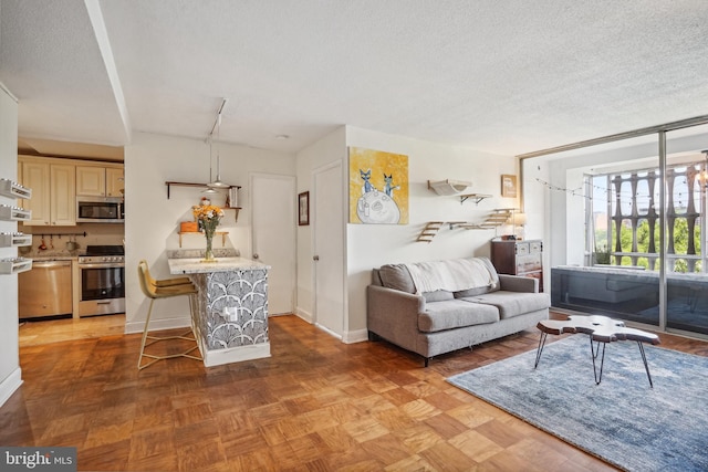 living room featuring a textured ceiling and light parquet floors