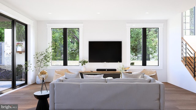 living room with dark hardwood / wood-style floors