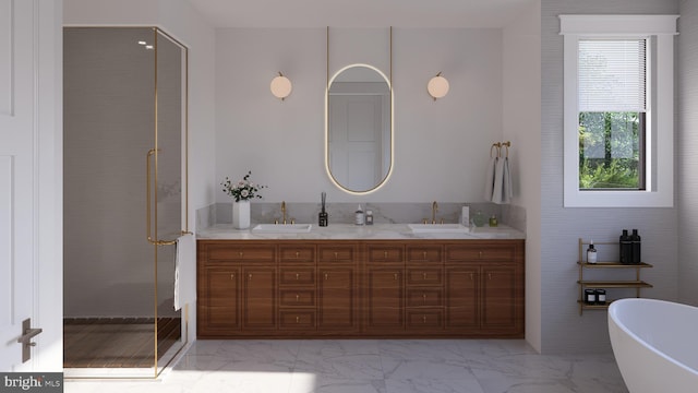 bathroom featuring independent shower and bath and vanity