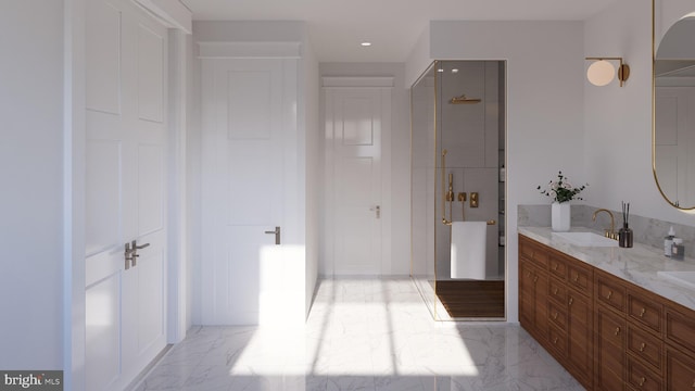 bathroom with vanity and a shower